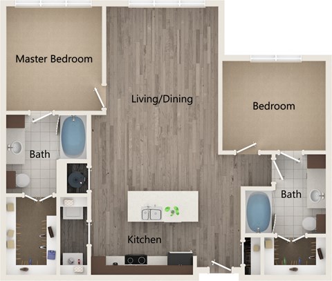 Floor plan for 2 beds, 2 baths, 1130 sqft